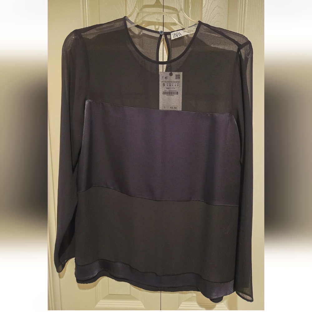 Zara Black Semi'Sheer Long Sleeve Blouse Size S